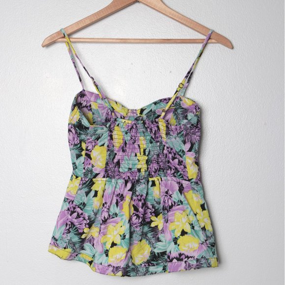 Bluenotes Peplum Sweetheart Floral Blouse Tank Top Smocked Black Purple Blue Y2K - Picture 5 of 9